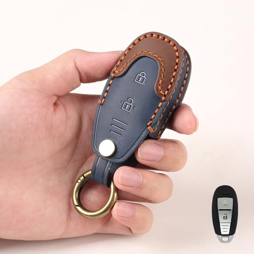 Image of Keyzone Dual Leather Key Cover for Baleno, Ciaz, Ignis, SCross, Vitara Brezza, Urban Cruiser 3 Button smart Key (Blue-Brown)