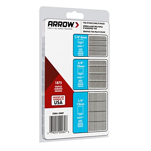 Arrow 50Mp Heavy Duty T50 Staples Multipack, For Upholstery, Crafts, General Repairs, Includes 1/4-Inch, 3/8-Inch And 1/2-Inch Sizes, 3/8-Inch Crown Size,1875-Pack #TOP5