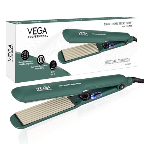 VEGA PROFESSIONAL Pro Ceramic Micro Crimp Hair Crimper with Ultra Fast Heatup, 5 Temperature Settings, 60 Min Auto Switch Off for Salon, Professional Hair Crimper, Green (VPPMS-11)
