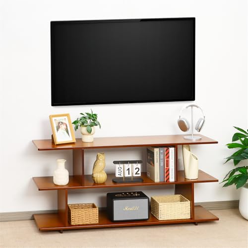 Mordchil HF Bamboo TV Stand for TVs up to 55", 3 Tier Accent Entertainment Center with Storage Shelf, Modern Media TV Console Table for Living Room, Bedroom, 47"(L), Walnut