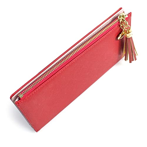 Image of SUMGOGO Wallets for Women Slim Clutch Purse Handbag Card Holder Womens Long Tassel Zipper Pocket Fashion Taiga Leather Billfold Wallet (Red)