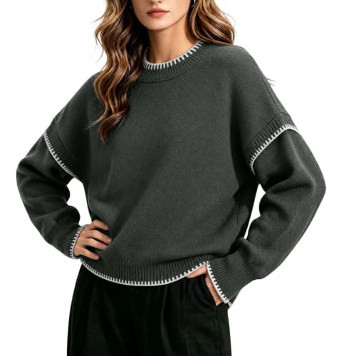 Women's Sweaters Contrast Stitch Crew Neck Knit Pullover Loose Fall Tops - image 5