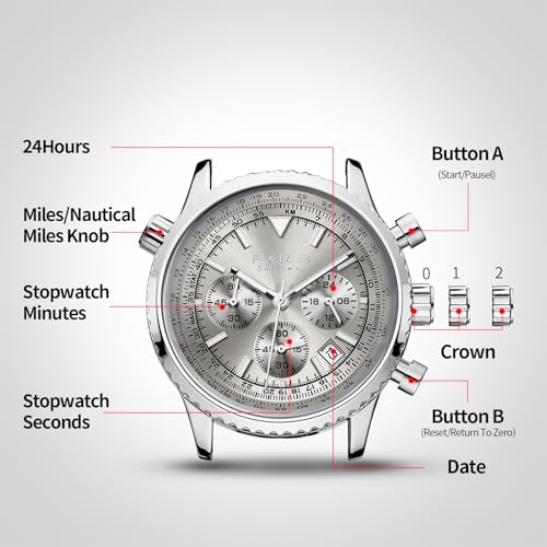 FEICE Watch for Men Classic Fashion Elegant Chronograph 3ATM Waterproof Watch Casual Sport Leather Band Mens Watches Multifunctional Vintage Silver Dial Watches, FK812 Silver