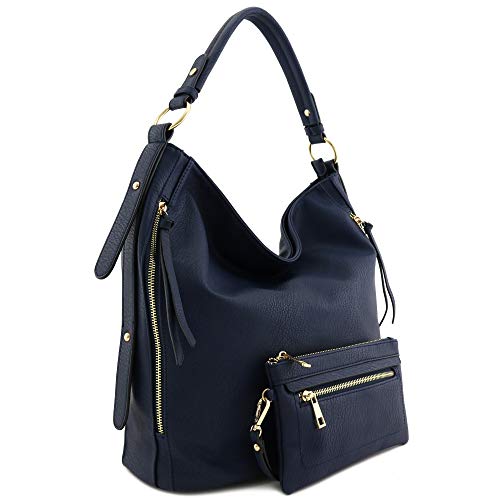 2pc Set Faux Leather Large Hobo Bag with Pouch Purse (Navy) - Thumbnail 3