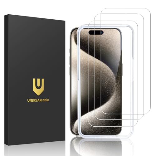 UNBREAKcable Verre Trempé pour iPhone 15 Pro [Pack de 3], HD Transparent Film Protection Écran, Cadre d'installation facile, Sans Bulles, Ultra Résistant...