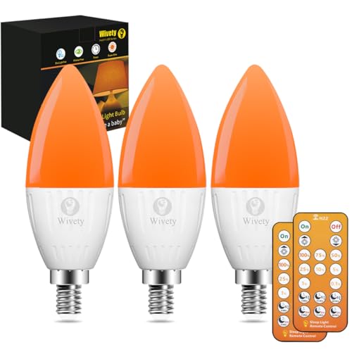 Wivety LED Bombillas E14 luz Dormir Vela con Mando a Distancia, Ámbar 1600K Bombilla Bloqueo Luz Azul 5W para Terapia del Sueño, Guardería, Dormitorio (Paquete de 3)