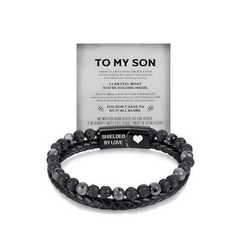 Sons Tiger Eye Protection Bracelets For Men To My Son Bracelet from Mom Leather Black Beaded Bangle Engarved With Love You Forever Cuff Jewelry Gift for Birthday Christmas (Volcanic-Shielded by love)