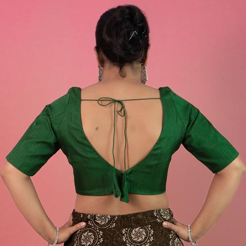 Image of FIGURE'S DESIGNER Women's Dupion Raw Silk Half Elbow Sleeves Sweetheart V Neck Sabyasachi Cut Readymade Saree Blouse S10