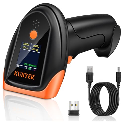 KUIIYER Bluetooth Barcode Scanner, Wireless 2D QR 1D Bar Code Scanners with LCD Digital Display & AI Voice, Plug & Play Handheld Barcode Reader for iPhone, Android, iPad, Tablet, PC Computers & POS
