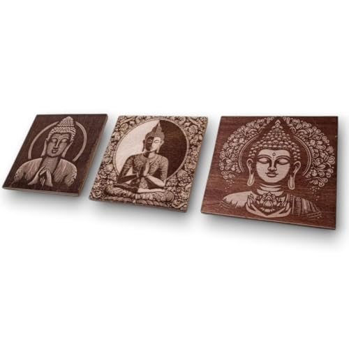 grabewood Cuadros de Buda – Set de 3 en Madera | Decoración Zen Espiritual para Hogar, Sala o Dormitorio | Cuadros Decorativos de Estilo Feng Shui, Ambiente Relajante y Armonía Interior
