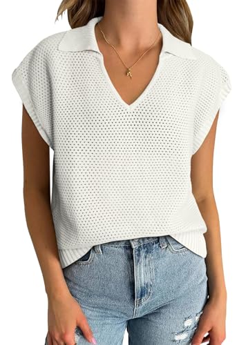 Image of Womens Summer Cap Sleeve Sweater,Polo V Neck Crochet Hollow Out Sleeveless Oversized Tops 2024