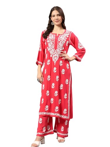 Image of Seva Chikan Hand Embroidered Lucknowi Chikankari Rayon Kurta and Palazzo Set SCL8037