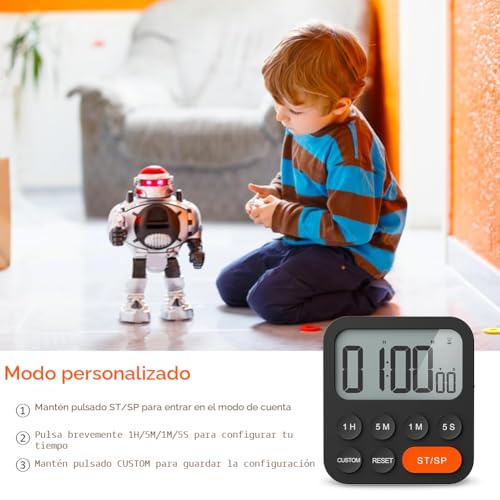 Miniatura 8 de Liorque Temporizador De Cocina Digital Temporizador Multifunción Con Función De Reloj, Ajuste Rapido, 3 Niveles De Volumen, Respaldo Magnético, Soporte Plegable - Negro 1 Pieza