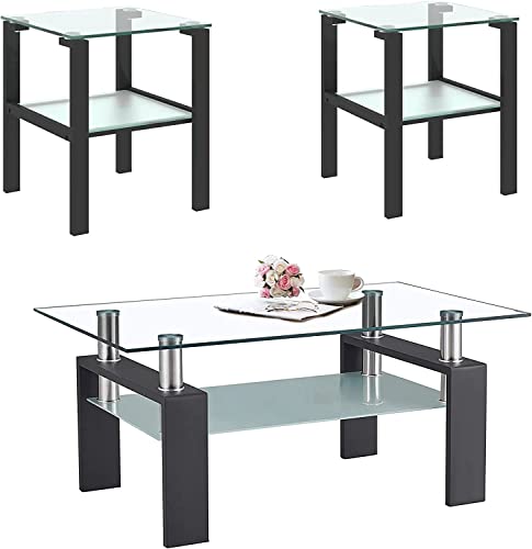 POULEII Living Room Table Set,3 Piece Glass Coffee and End Tables Set for Room,Coffee with Tempered...