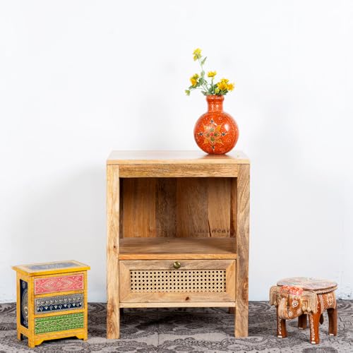 Image of Wooden Bedside Table for Bedroom with Drawers | Solid Wood Safor Rattan Bed Side Table with Drawers | Side Table for Living Room | Traditional Chest of Drawer for Home (Natural)