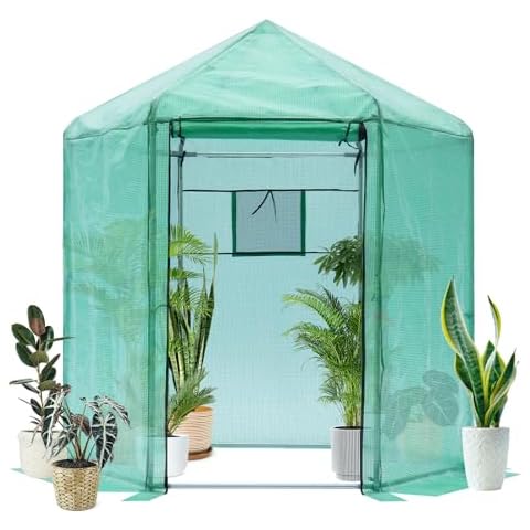 Upgraded Walk-in Greenhouse for Outdoors, Thickened PE Cover & Heavy Duty Powder-Coated Steel, w/ Zippered Mesh Door & Screen Windows, Indoor and Outdoor Green House Kit, Green Cover