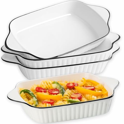 Exquilnova Juego de 4 bandejas de cerámica para horno de 1 l, pequeñas, 26,5 x 14,5 x 5 cm, molde rectangular con asa, moldes para lasaña para airfryer, horno (platos largos de rayas)