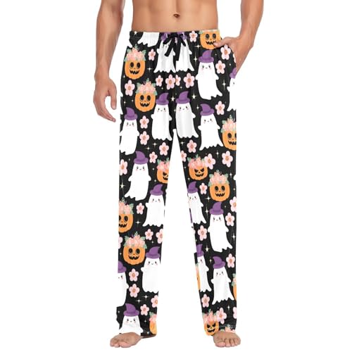 Pumpkins Flowers Spirits Men's Cotton Pajama Pants with Pockets and Drawstring Comfortable and Stylish,S