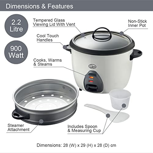Quest 900W Rice Cooker & Steamer with Keep Warm Function, 2.2L/Non-Stick Inner Pot/Cooks Rice & Makes Healthy Steamed Vegetables/Includes Spatula & Measuring Cup, White - Image 3