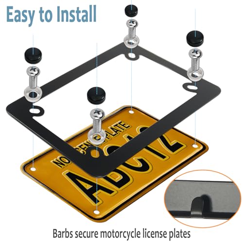 Image of BGGTMO Motorcycle License Plate Frame,Matte Black Stainless Steel Tag Holder for Bike Moto Moped Motorbike Scooter, Cool Metal Bracket with Screws Nuts Caps, 1 Pack