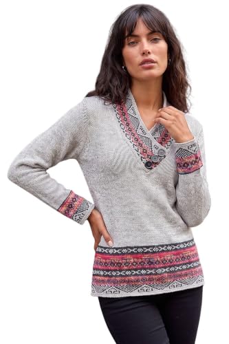 Image of Roman Jumper for Women UK - Ladies Button Detail Embellished Tunic Sweater V-Neck Overlap Autumn Winter Smart Office Work Wear Casual Warm Cosy Pullover Day - Grey - Size 14