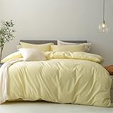 FOSSA Duvet Cover Set 100% Washed Cotton Linen Feel Super Soft Breathable Cozy 3 Pieces Bedding Sets Solid Pastel Yellow Queen