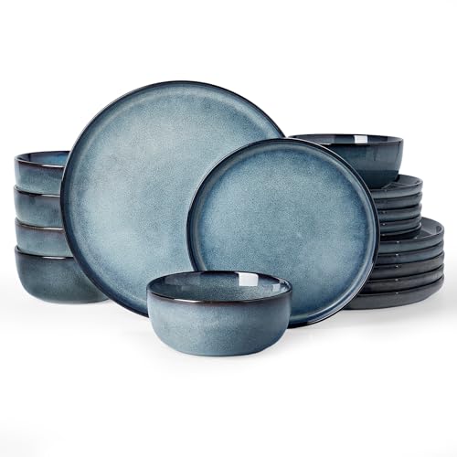Image of Famiware Milkyway Stoneware Dinnerware Set, 18-Piece, Double Reactive Glaze, Plates and Bowls, Service for 6, Microwave and Dishwasher Safe, Scratch-Resistant, Dusty Blue