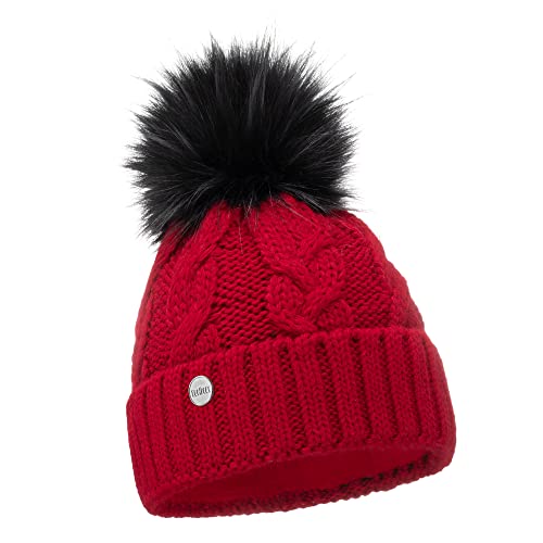 ELIMELI® Winter Mütze Damenmütze mit Fell-Bommel Fleece Innenfutter gefüttert - warme Damen Bommelmütze Strickmütze - Wintermütze mit Kunstfell Bommel - Slouch Strick Beanie Made in EU (rot)
