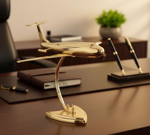 Image of DSH Brass Antique Jet Plane On Stand, Table Top Decorative Showpiece for Home Decor & Office Table with Gold, Glossy and Shiny Finish