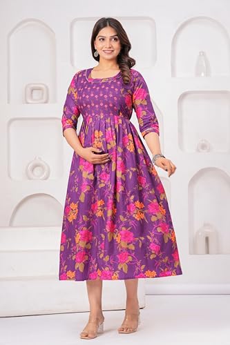 Image of The Moon Star Women's Cotton Floral Printed Anarkali Maternity Feeding Kurti | Breastfeeding Dress for Mothers | Zipper Feeding Kurti,Nursing Kurti, Comfortable and Trendy Maternity Wear