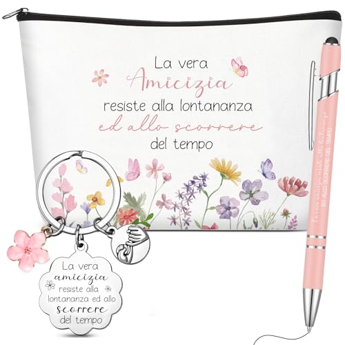 Clabby Set Regalo Migliore Amica e Sorella Natale 1 Borsa per Cosmetici 1 Portachiavi dell'Amicizia con Ciondolo a Forma di Fiore 1 Penna a Sfera per Regalo Migliore Amica Compleanno