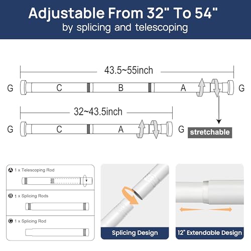Image of ENJOYBASICS 2 Pack Tension Curtain Rod, 32-54 inch Adjustable, Stable, White | Secure Hold with Strong Spring & Non-Slip Ends, No-Drill, No Tools, Sag-Resistant, Waterproof, Fits Windows, Showers & Closet