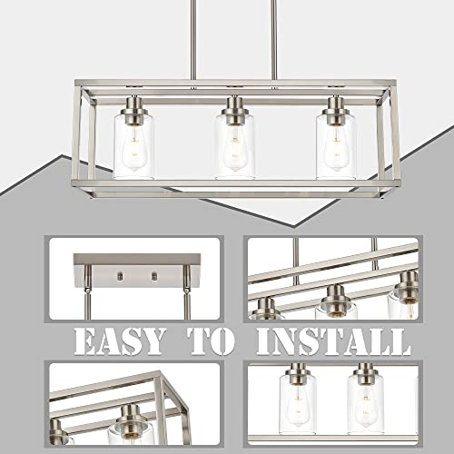 Melucee Rectangle Chandeliers For Dining Room Brushed Nickel Finish 3-Light Kitchen Island Lighting Modern Light Fixtures Ceiling Hanging For Hallway Living Room, Clear Glass Lampshade #TOP5