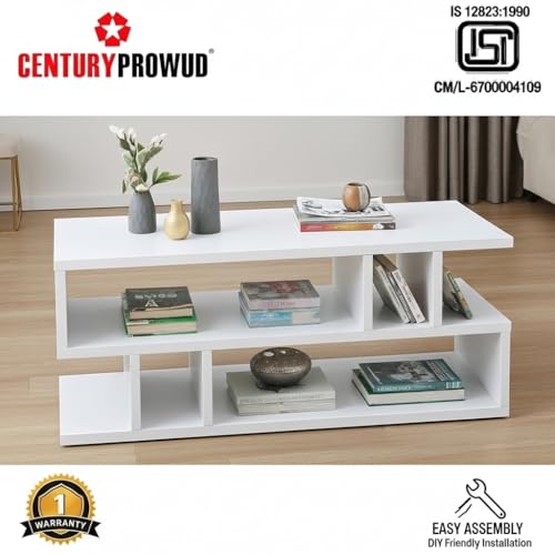 Image of FURLAY Zentro White Coffee Table for Living Room, Modern Engineered Wood Center Table with Multi-Level Open Storage Shelves, 90 x 40 x 40 cm (FWCT2-White)