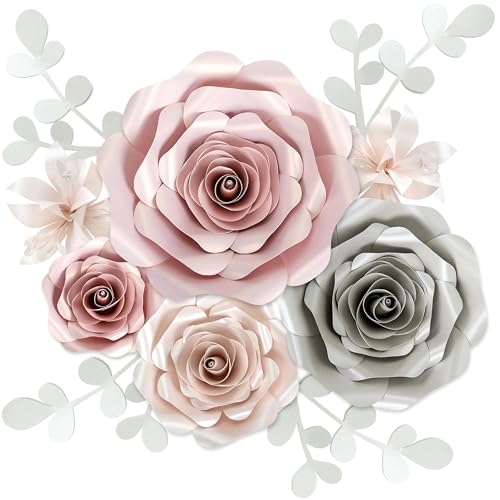 Image of Rainbows & Lilies Large Paper Flowers Decorations for Wall, Wedding, Bridal Party, Baby Shower, Nursery Decor, Girls Room, Artificial Flower Backdrop - 10pc Rose 3D Wall Decor in Pink, Gray, Ivory
