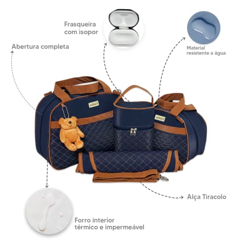 Kit de Bolsas Maternidade Bordado Matelassê Detalhe Marrom Térmico Impermeável Cor: Azul Marinho