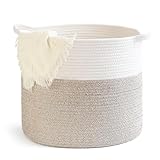 LORAVOU Laundry Hamper,Blanket Basket in Living Room Decor,Pure Cotton Rope Woven Basket for Dirty Clothes,Storage Basket for Nursery Bin,Baby Toy Storage,15.5 * 13.5 inches-40L White & Brown Mixed