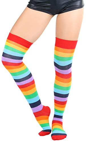 Image of ToBeInStyle Women's Bright Vibrant Rainbow Striped Thigh High Rave Stockings