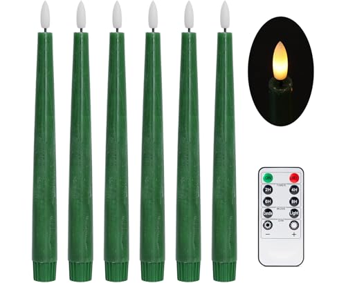 Image of Stmarry Green Flameless Taper Candles with Remote and Timer, 9.65 Inch Real Wax LED Candlesticks, Dripless Battery Operated Tall Candles with 3D Flickering Flame, 6 Pack
