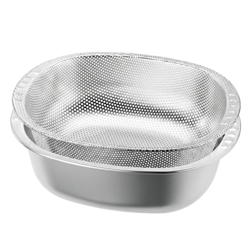 Image of Alark 2 Piece Stainless Steel Microporous Colander Mixing Bowl Set Large Vegetable & Fruit Washing Strainer Basket Rice Pasta Salad Drainer Heavy Duty Dishwasher Safe Kitchen Colander Bowl Combo