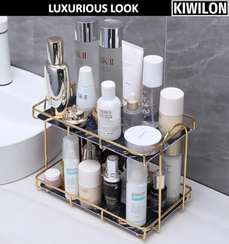 Image of Bathroom Countertop Organizer | Kitchen Organizer Rack | 2 Tier Storage Rack Shelf with Gold Frame & Black Marble Finish Trays (31 * 14 * 25cm)