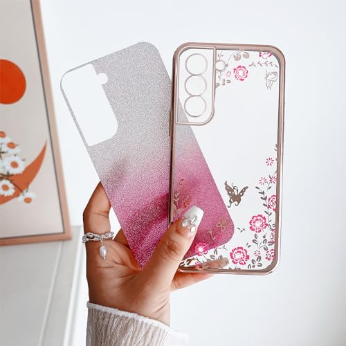 Image of for Samsung Galaxy S21 FE Case for Women Gradual Change Glitter Crystal Soft TPU Stylish Butterfly Floral Heart Clear Protective Cover with Strap for Samsung S21 FE (Rose Gold)
