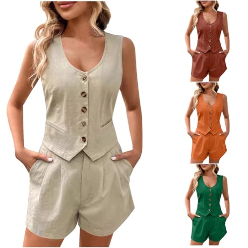 HGps8w Womens Summer 2 Piece Business Office Outfits Button Down V Neck Suit Vest Waistcoat Matching Shorts Sets with Pockets2