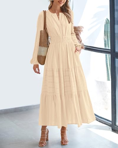 BTFBM Fall Dresses for Women 2025 Casual Long Sleeve V Neck Elastic Waist Lightweight Maxi Wedding Guest Dress Pockets