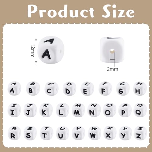 Miniatura 2 de Legentlisur - 20 Piezas De Cuentas De Letras De Silicona De 12 Mm, Cubo De Dados, Cuentas Sueltas De Vocales Del Alfabeto Blanco Para Pulseras De Amistad, Collares, Llaveros, Joyería, Proyectos De