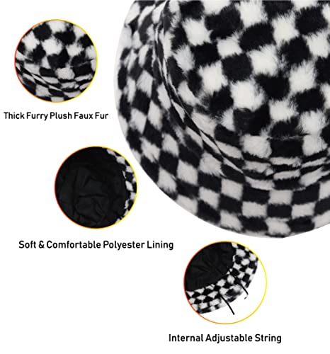Image of Bucket Hat Women Furry Fuzzy Bucket Hats for Ladies, Winter Warm Fluffy Plush Faux Fur Hat for Women