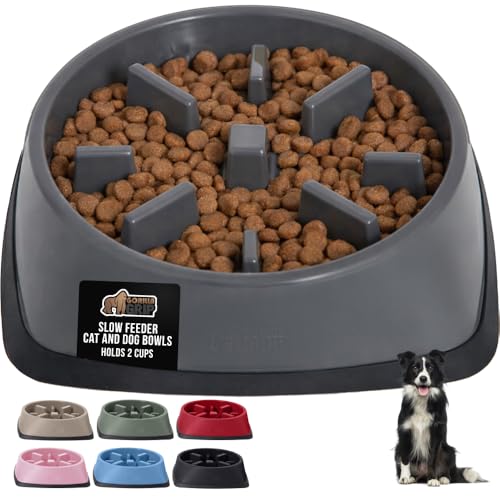 GORILLA GRIP® Patented BPA Free Slow Feeder Dog Bowls, Interactive Puzzle Toy for Dogs and Cats Food Training Enrichment, Keeps Pets Busy and Prevents Puppy Overeating, All Breeds, 2 Cup, Gray