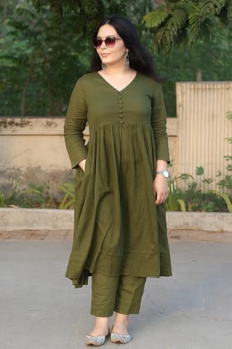 Image of Anarkali Kurta Pant Set for Women Long Flared V-Neck Kurta | Office & Casual Wear | 3 /4 Sleeve | Button Front | Karwa Chauth & Diwali Special Office wear