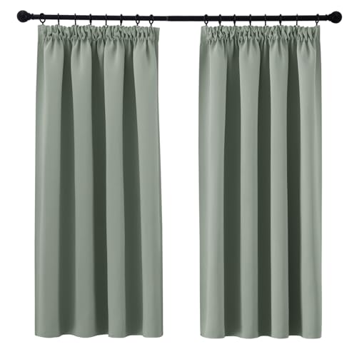 PONY DANCE Sage Green Blackout Curtains Short Window Curtains 54 Inch Drop for Room Darkening Pencil Pleat Curtains for Bedroom, Living Room with Hooks, 1 Pair, W46 X L54, Sage Green