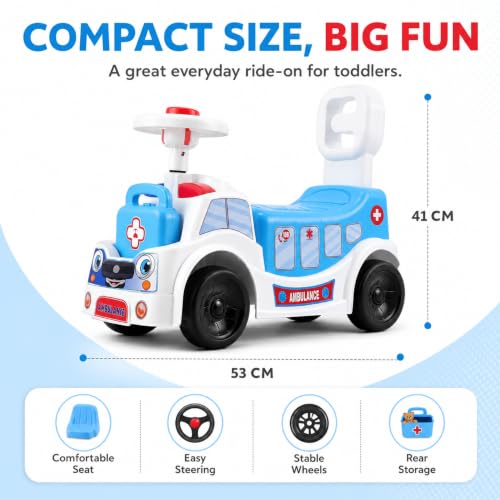 Image of Ambulance Ride On Toy for Kids 2-5 Years with LED Emergency Lights, Siren Sound, Front & Rear Storage, Foot to Floor Ride On Car with Comfortable Backrest, Kids Ride On Car for Boys & Girls